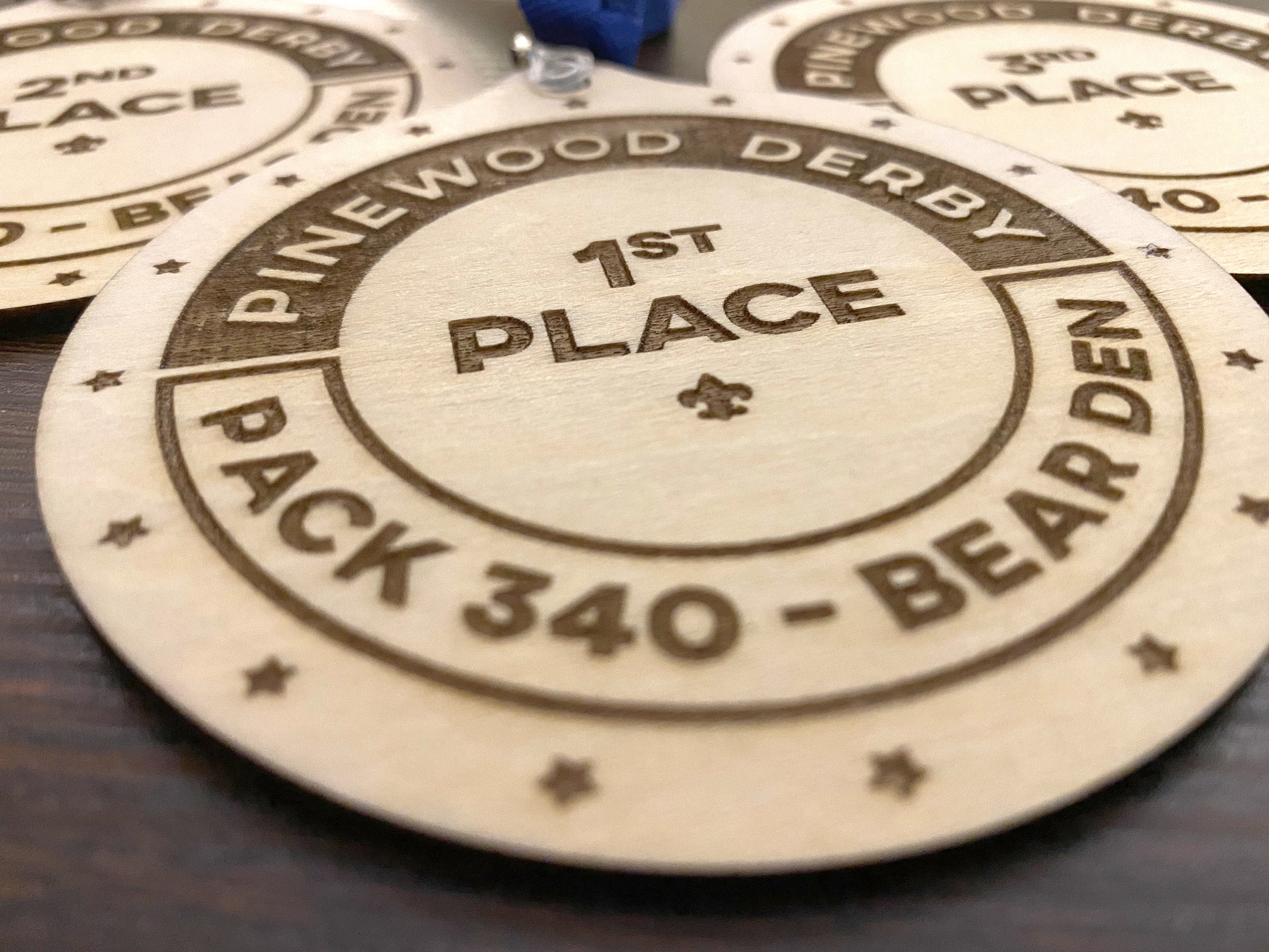 Pinewood Derby Medals Set of 3 Lasercut Laserengraved Personalized