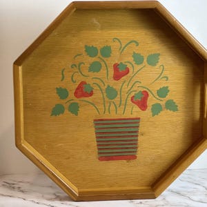 Vintage 80’s Octagon Hand Painted Wooden Serving Tray With Handles 16 1/2 Inches