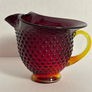Small Vintage Glass Hobnail Pitcher Vase Red Yellow Decorative Pitcher