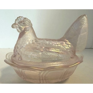 Fenton Pink Iridescent Glass Hen on Nest Carnival Glass Covered Chicken Dish