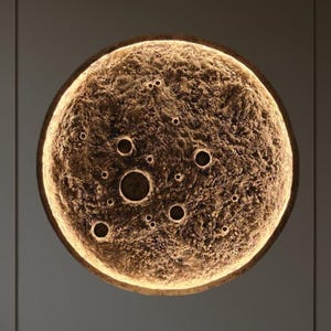 Può includere: Una lampada da parete circolare caratterizzata da una superficie ruvida e craterizzata che imita l'aspetto della luna. L'oggetto è illuminato dal retro, creando un caldo alone luminoso attorno all'intera circonferenza del disco.