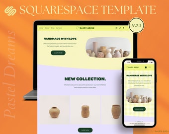 May include: A website mockup for an online shop selling handmade pottery. The website features a light yellow background with a green and white checkered pattern. The text "Handmade with Love" is displayed in a green font. The website also features a collection of pottery items in various shapes and sizes.