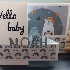 Babykarte Pop Up personalisierbar, Glückwunschkarte Geburt, Willkommen Baby, neutral, gebastelt, selbstgemacht