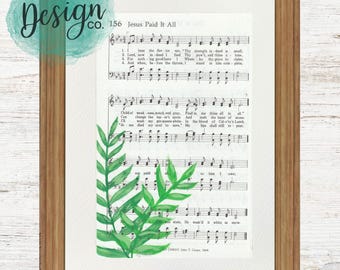 Jesus Paid It All Hymn Art, vintage hymns, Christian gifts, hymn wall art, hand-painted hymn art, 8x10 wall art, sheet music, gift for mom