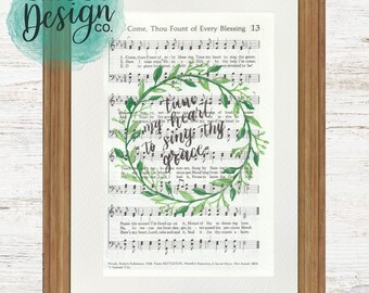 Come Thou Fount Tune My Heart Vintage Hymn Art sheet music, Christian gift her, Hand-painted church hymn, 8x10 wall art, gift mom grandma