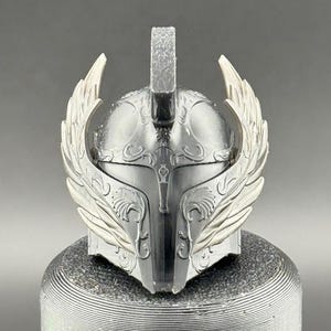 May include: A silver helmet with intricate details and a winged design. The helmet has a pointed top and a face mask with a decorative pattern.
