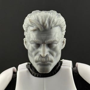 Könnte beinhalten: Grauer Actionfigur-Kopf mit ernstem Gesichtsausdruck, markantem Schnurrbart und gestyltem Haar. Die Figur trägt eine weiße und schwarze Uniform, was auf ein Militär- oder Science-Fiction-Thema hindeutet. Die Details sind fein modelliert.