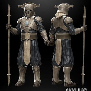 K&ouml;nnte beinhalten: Detailliertes 3D-Rendering einer Mandalorian Royal Guard-Figur. Die Figur ist in metallischer R&uuml;stung mit Helm, Brustplatte und Beinschutz gekleidet. Die Figur h&auml;lt einen Speer und steht. Die Figur tr&auml;gt ein schwarz-beiges Outfit. Der Text "SKYLU3D DESIGN" ist sichtbar.