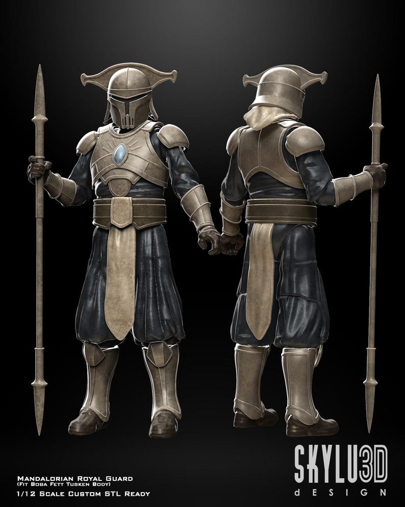 K&ouml;nnte beinhalten: Detailliertes 3D-Rendering einer Mandalorian Royal Guard-Figur. Die Figur ist in metallischer R&uuml;stung mit Helm, Brustplatte und Beinschutz gekleidet. Die Figur h&auml;lt einen Speer und steht. Die Figur tr&auml;gt ein schwarz-beiges Outfit. Der Text "SKYLU3D DESIGN" ist sichtbar.