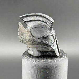 May include: A black and silver helmet with a winged design. The helmet has intricate details and a textured surface.