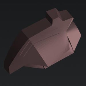 May include: A solid, dark brown, geometric object with a star-shaped top section and a wide, angular base. The item features sharp, clean lines and a smooth, matte surface, presenting a structured, multi-faceted form against a dark background.