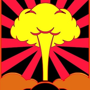 May include: A vibrant, stylized illustration of a yellow mushroom cloud with a smiling face, set against a backdrop of red and black rays. The artwork features a black foreground with orange and brown clouds, framed by a red border.