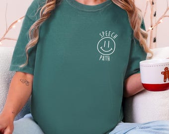 Besticktes Sprache-Pfad-Lächeln-T-Shirt - Feiertags-Farben