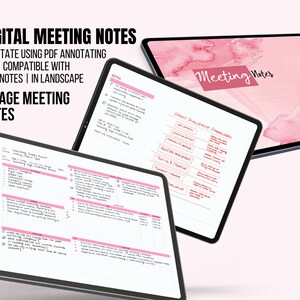 May include: A digital planner template for taking meeting notes on a tablet. The template is designed to be used with a PDF annotating app like Goodnotes. The template is in landscape orientation and has two pages. The first page has a section for meeting details and a section for notes. The second page has a section for action items and a section for follow-up.