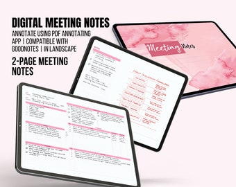 May include: A digital planner template for taking meeting notes on a tablet. The template is designed to be used with a PDF annotating app like Goodnotes. The template is in landscape orientation and has two pages. The first page has a section for meeting details and a section for notes. The second page has a section for action items and a section for follow-up.