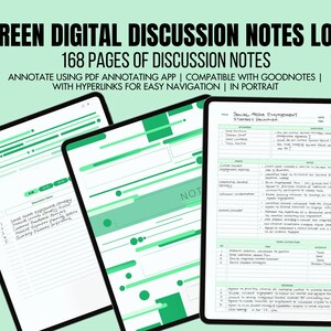 May include: A green digital discussion notes log with 168 pages of notes. The log is compatible with Goodnotes and has hyperlinks for easy navigation. The image shows a page with the title "Social Media Environment Strategy Discussion" and a table with headings for "Attendees", "Questions", "Notes", and "Action Items".