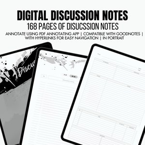 May include: A digital planner with a black and white abstract design on the cover. The planner is designed for taking notes during discussions and includes 168 pages. The text "DIGITAL DISCUSSION NOTES" and "168 PAGES OF DISCUSSION NOTES" is displayed on the cover. The planner is compatible with Goodnotes and other PDF annotating apps.