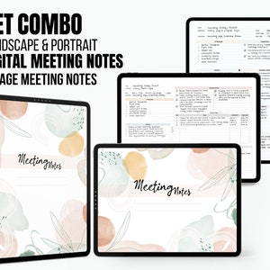 May include: Two digital meeting notes templates, one in landscape and one in portrait orientation. Both templates feature a watercolour background with soft pink, green, and yellow colours. The text "Meeting Notes" is written in black cursive on both templates.