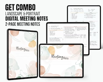 May include: Two digital meeting notes templates, one in landscape and one in portrait orientation. Both templates feature a watercolor background with soft pink, green, and yellow colors. The text "Meeting Notes" is written in black cursive on both templates.