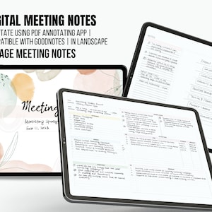 以下が含まれることがあります： タブレットの画面に表示されているデジタル会議ノートの2ページ。最初のページは、水彩画の背景に「Meeting」と「Marketing Strategies Feb 11, 2023」のテキストが書かれています。2ページ目は、マーケティング戦略と製品開発フレームワークに関する手書きのメモがあります。