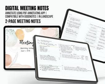 Puede incluir: Dos páginas de notas de reunión digitales en la pantalla de una tableta. La primera página tiene un fondo de acuarela con el texto "Meeting" y "Marketing Strategies Feb 11, 2023". La segunda página tiene notas escritas a mano sobre estrategias de marketing y marcos de desarrollo de productos.