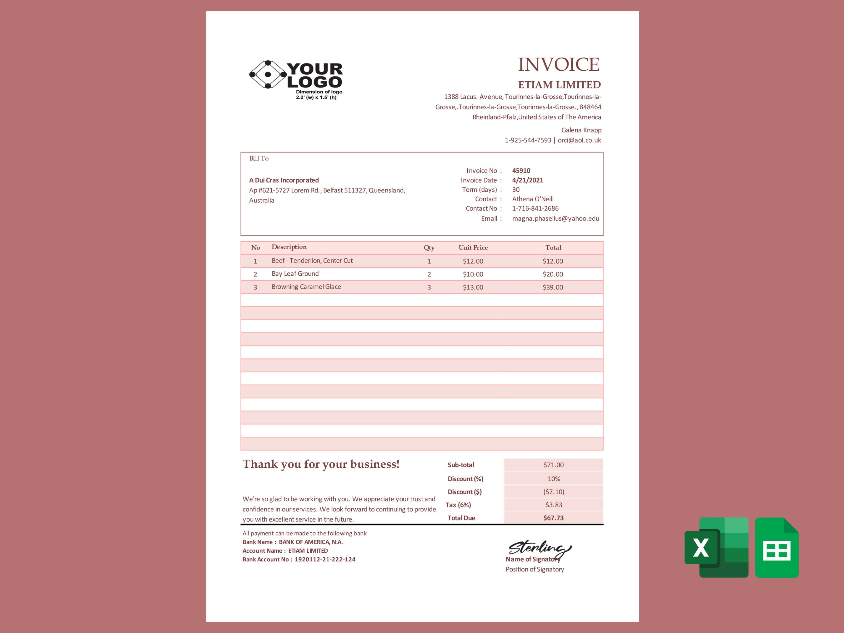 Simple Sales Invoice Template, Invoice Template for Excel and Google