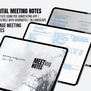 May include: Two digital notepads with a grey and white watercolour background. The top notepad has the text "DIGITAL MEETING NOTES" and "2-PAGE MEETING NOTES". The bottom notepad has the text "Marketing Strategy Review" and "Feb 11, 2023". The right notepad has the text "NOTES" and "PRODUCT DEVELOPMENT FRAMEWORK".