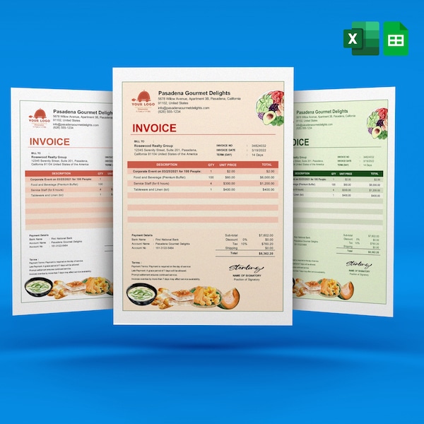 Simple Sales Invoice Template | Excel and Google Sheet Invoice | Invoice for F&B | Invoice for Food Caterer | Customizable and Printable