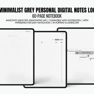 May include: Three digital notebook pages with a minimalist grey design. The pages are labelled "Notes" and include lines for writing and a section for dates. The text "MINIMALIST GREY PERSONAL DIGITAL NOTES LOG" and "60-PAGE NOTEBOOK" is at the top of the image.