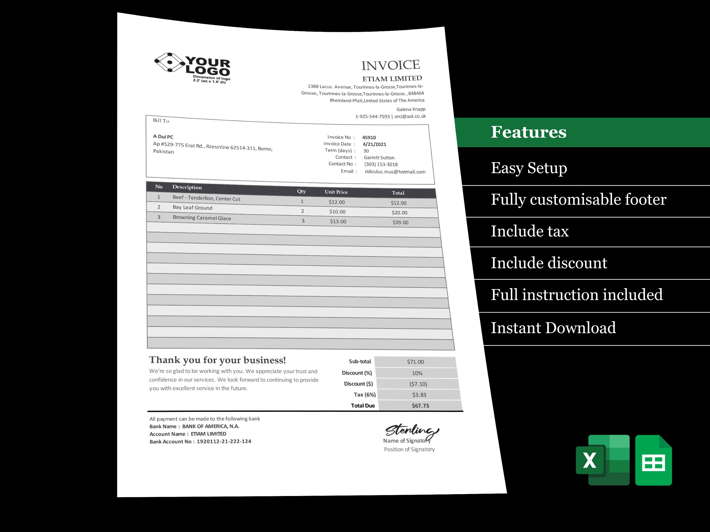 Simple Invoice Template for Excel & Google Sheets: Customizable ...