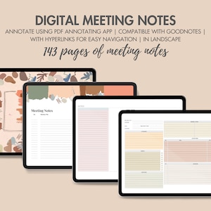 Puede incluir: Cuatro tabletas digitales que muestran notas de reunión. El texto en la parte superior dice "NOTAS DE REUNIÓN DIGITALES". Las tabletas muestran varios diseños, incluyendo páginas con líneas, tablas y diseños abstractos. El texto también menciona la compatibilidad con Goodnotes y 143 páginas de notas.