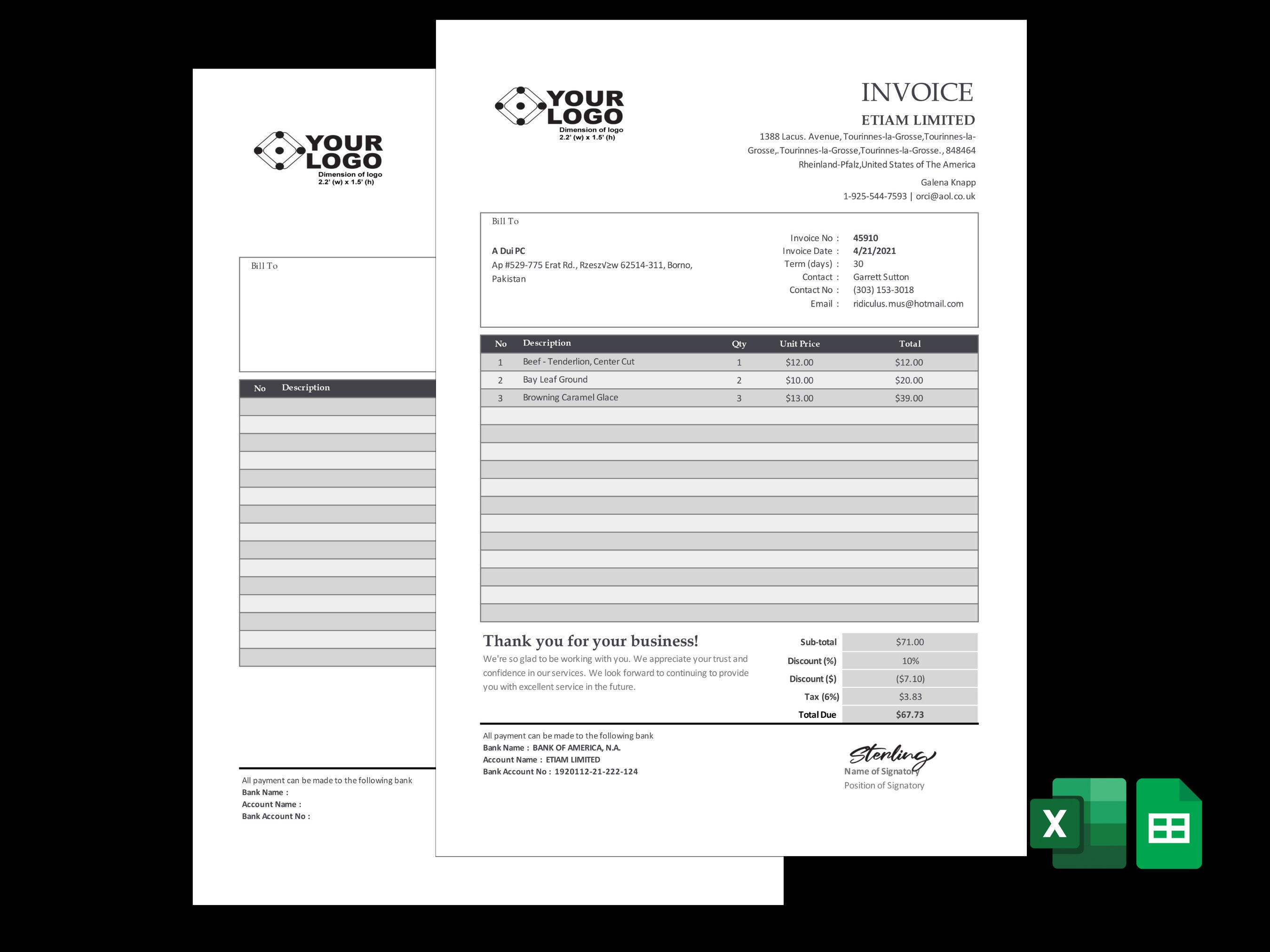 Simple Invoice Template for Excel & Google Sheets: Customizable ...