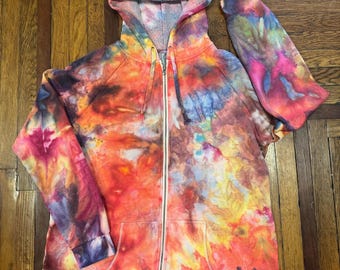 Ice Dyed Tie Dye Custom Women’s Zip Up Hoodie Sweatshirt, Dyed to Order - Rainbow