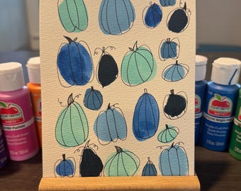 Shades of Blue Fall Pumpkins - Acrylic Paint & Black Ink - 5x7