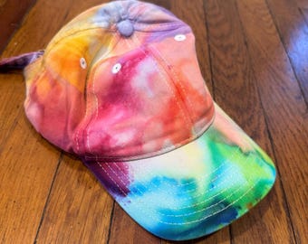 Ice Dyed Tie Dye Custom Unisex baseball hat, Dyed to Order - Rainbow Adult Size