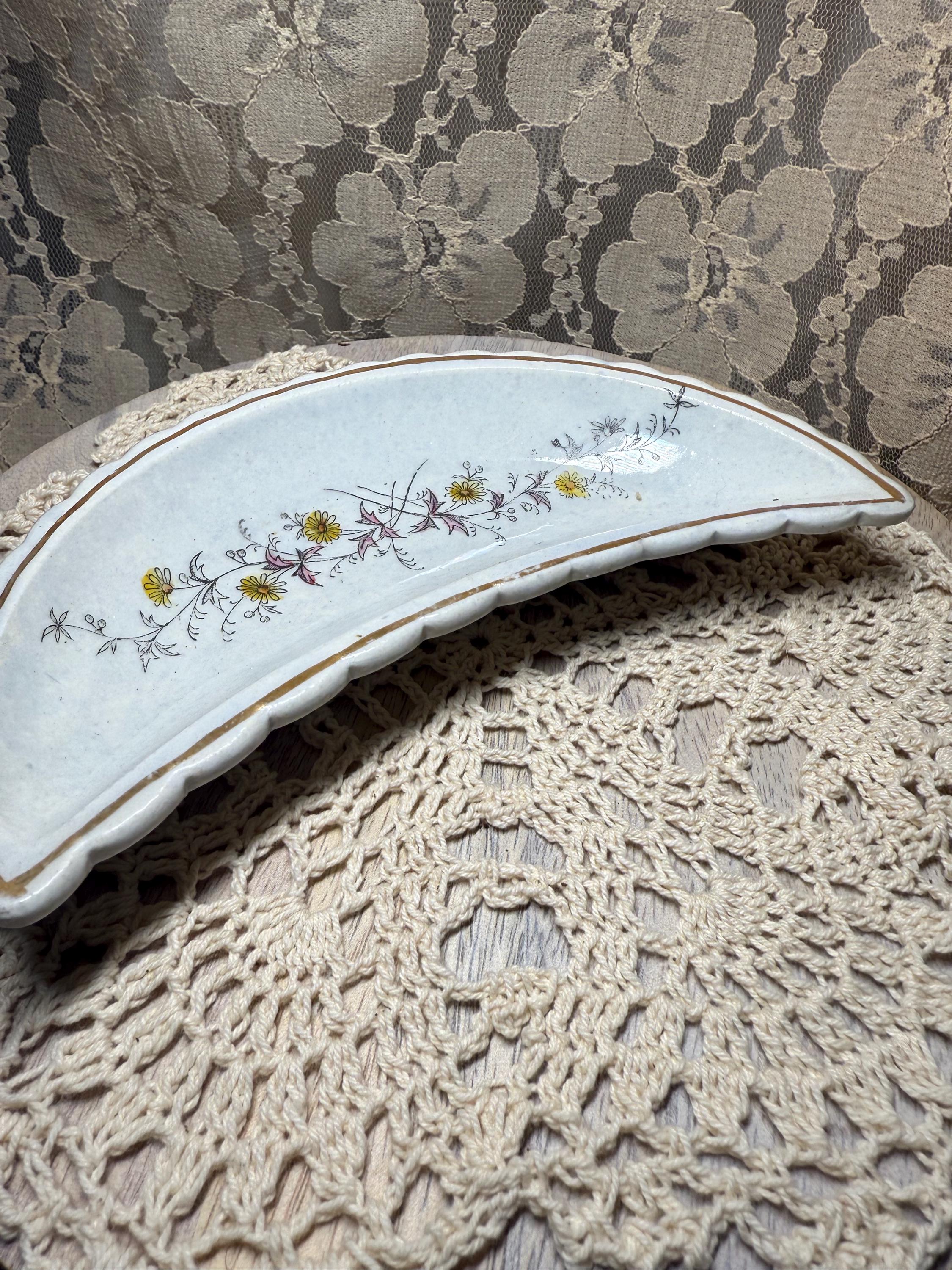 Vintage Crescent Bone Dish with Floral Design | Gilded Edge China Plate