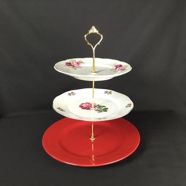 3- Tiered Red and White Rose House Warming Gift Dessert Tray Featuring Gold Hardware