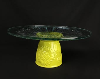 Fall Etched Vintage Glass Cake or  Cupcake Stand on Ceramic Base