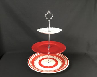 3- Tiered Red & White Dessert Tray With Silver Hardware