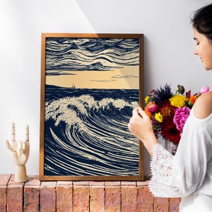 Obra de arte VOYAGE (digital) / Impresión de olas náuticas, arte linograbado en crema azul marino, póster oceánico de estilo japonés, decoración costera moderna, arte de museo