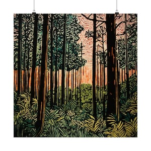LUSH Kunstwerk (Digital) | Tropischer Dschungeldruck, grüner Wald Linolschnitt Kunst, Sonnenuntergang Natur Wanddekoration, modernes Waldland Poster, japanischer Stil