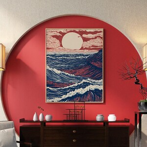 Obra de arte CRIMSON TIDE (póster) / Impresión de arte de olas en linóleo, póster de océano de estilo japonés, arte de pared de puesta de sol en rojo marino, decoración costera moderna