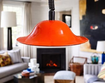 1970s Orange Pendant Lamp | Vintage Space Age Ceiling Light | Mid-Century Enamel Metal | Retro Design Lighting