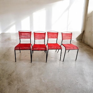 Set of 4 Red Spaghetti Chairs – Italian Design 1970s, Belotti Style, Vintage Dining