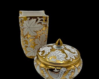 Mid Century Fratelli Fanciullacci Gold and White Italian Ceramic Candy Dish and Vase