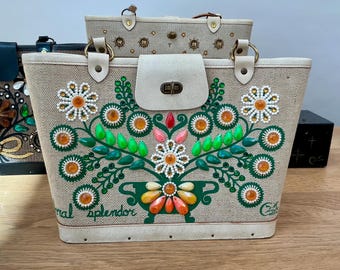 1960s Enid Collins Jeweled Bag Hard Shell Burlap Birds of a