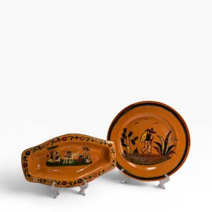 Vintage Tlaquepaque Mexican Pottery Trays Set, Hand Painted Folk Art Serving Plates, Mexico Redware Dishes Boho Decor