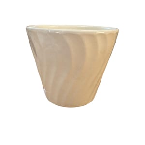 May include: Cream-colored ceramic planter with a unique, swirling design. The planter has a flared, conical shape and a smooth, glossy finish. This decorative piece is suitable for small plants and adds a touch of elegance to any space.