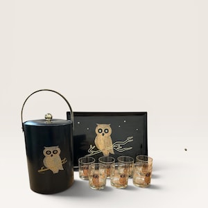 Nine Piece Set of Couroc of Monterey Owl Servingware, Mid Century Barware