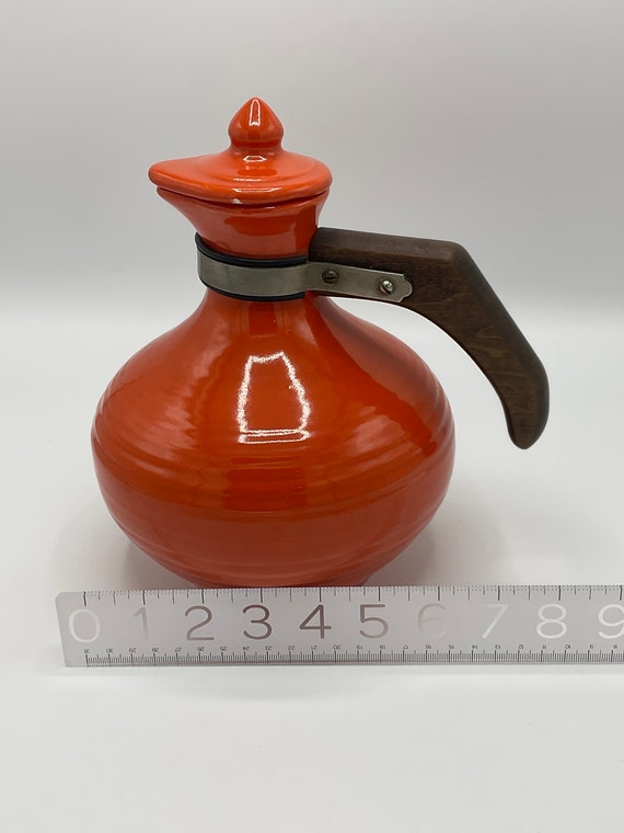 Vintage Bauer Pottery Orange Ringware Carafe With Lid and Wood